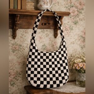 Handmade/Hand knitted Checkered Black and White Tote Bag/Purse